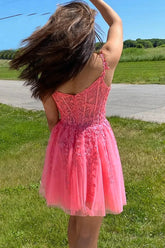 A Line Off the Shoulder Pink Short Homecoming Dress with Appliques